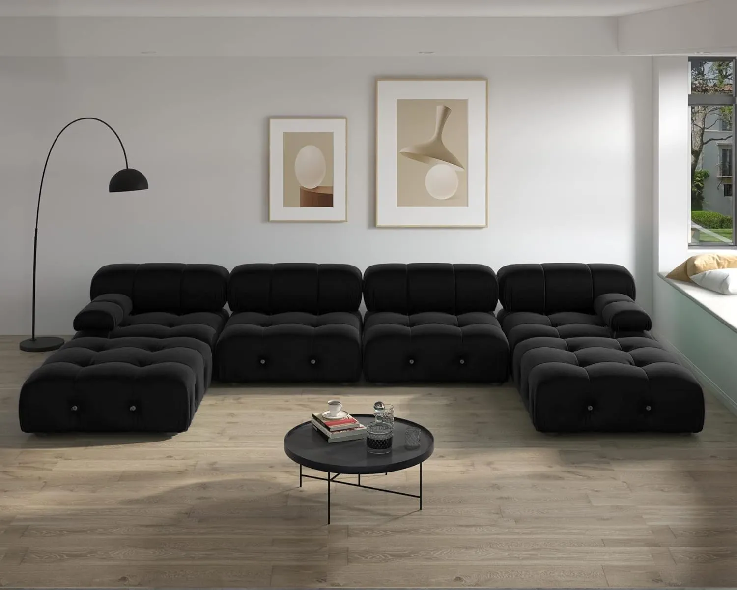 Modern Velvet Sectional Sofa, U Shape Minimalist Modular 6-Seater Couch with 2-Ottomans for Living Room Office Apartment (138in/Black)