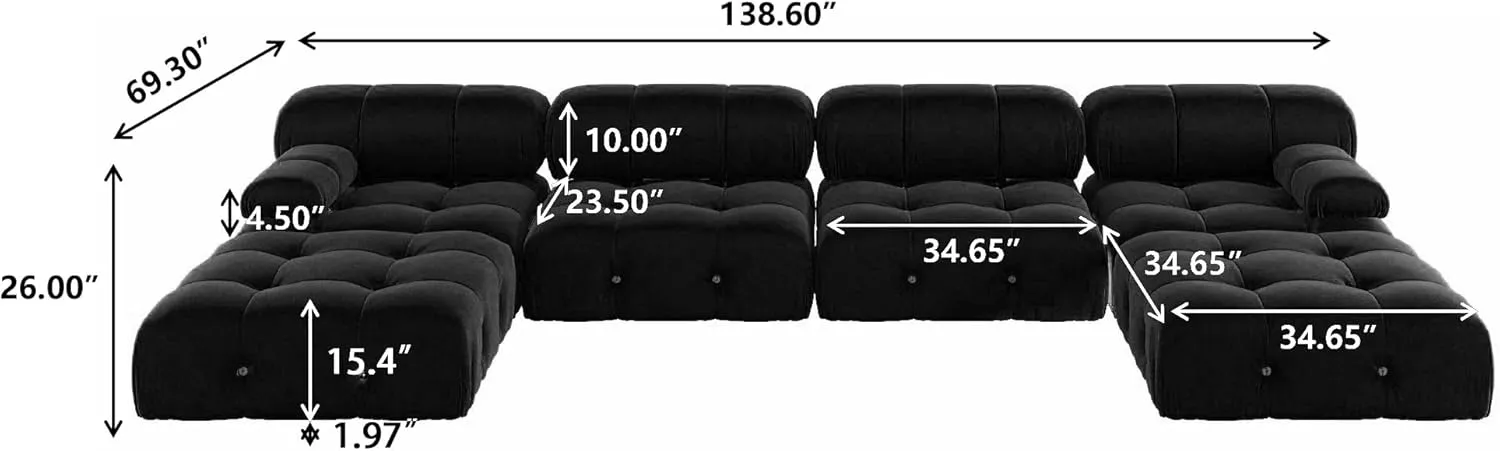 Modern Velvet Sectional Sofa, U Shape Minimalist Modular 6-Seater Couch with 2-Ottomans for Living Room Office Apartment (138in/Black)
