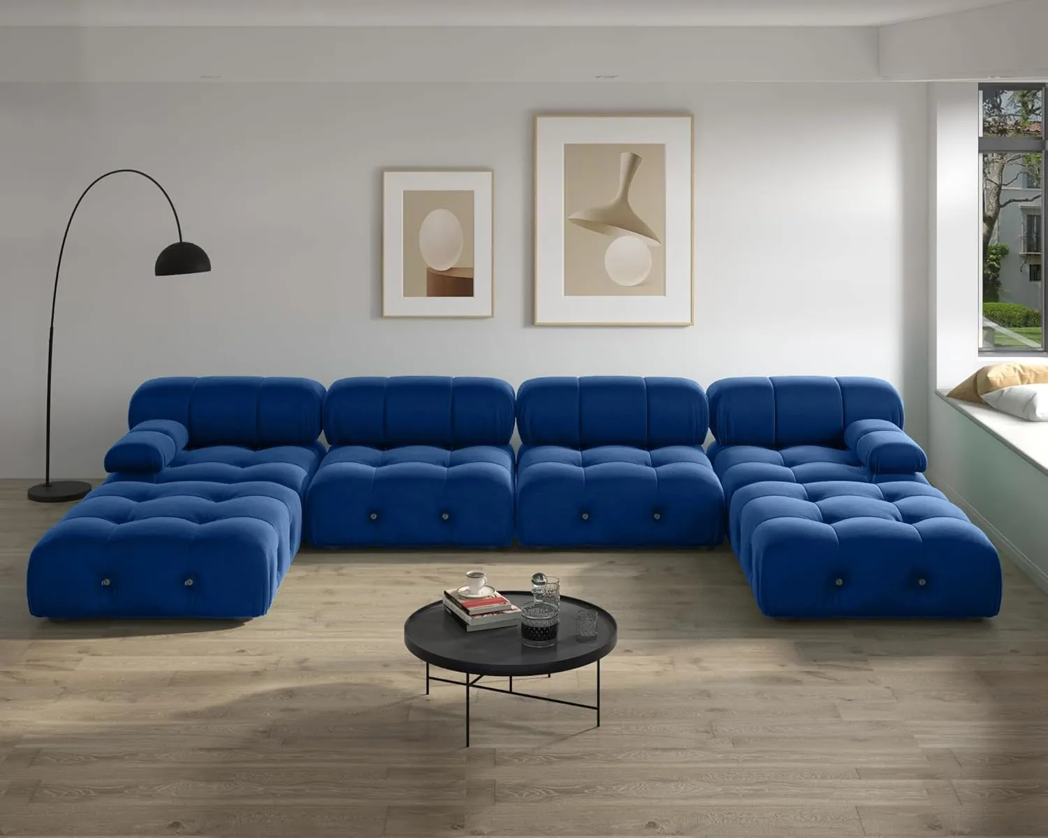 Modern Velvet Sectional Sofa, U Shape Minimalist Modular 6-Seater Couch with 2-Ottomans for Living Room Office Apartment (138in/Blue)