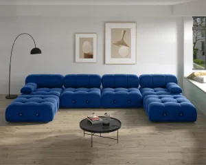Modern Velvet Sectional Sofa, U Shape Minimalist Modular 6-Seater Couch with 2-Ottomans for Living Room Office Apartment (138in/Blue)