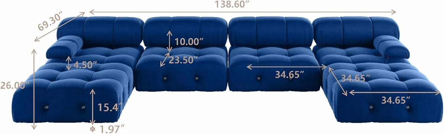 Modern Velvet Sectional Sofa, U Shape Minimalist Modular 6-Seater Couch with 2-Ottomans for Living Room Office Apartment (138in/Blue)