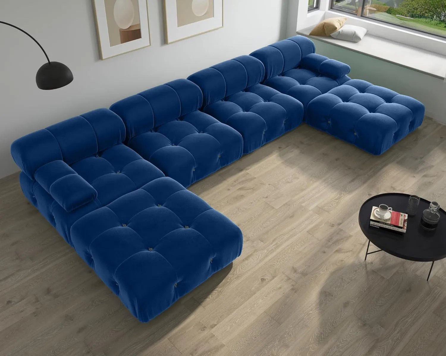 Modern Velvet Sectional Sofa, U Shape Minimalist Modular 6-Seater Couch with 2-Ottomans for Living Room Office Apartment (138in/Blue)
