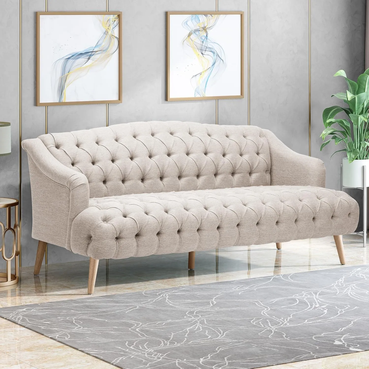 Modern Wingback Tufted Velvet Loveseat, 73.25" 3 Seat Sofas Settee Bench Banquette Chesterfield Love Seat with High Back Thick Padded Cushioned Upholstered Couch for Living Room, Victorian, Beige