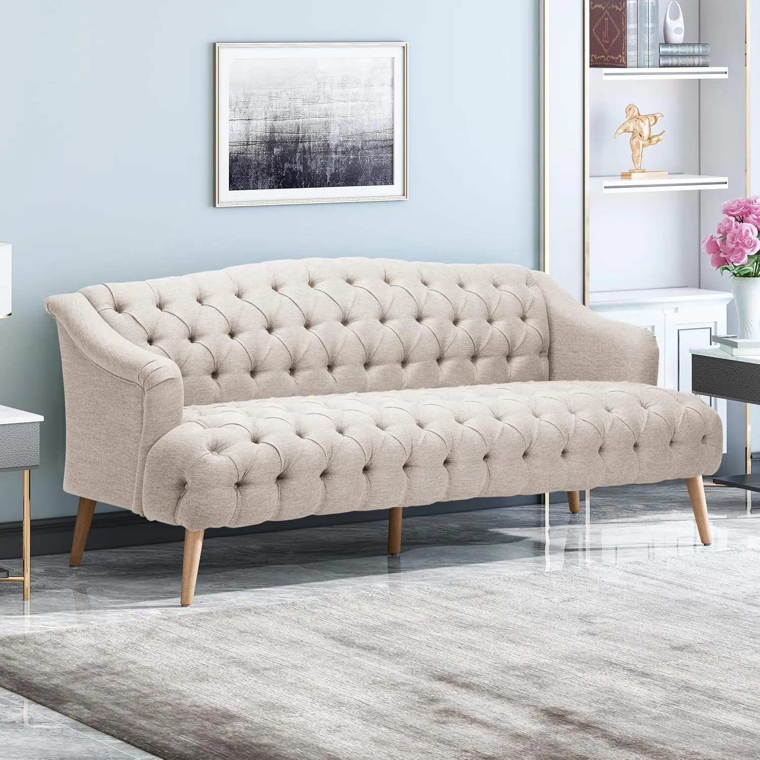Modern Wingback Tufted Velvet Loveseat, 73.25" 3 Seat Sofas Settee Bench Banquette Chesterfield Love Seat with High Back Thick Padded Cushioned Upholstered Couch for Living Room, Victorian, Beige