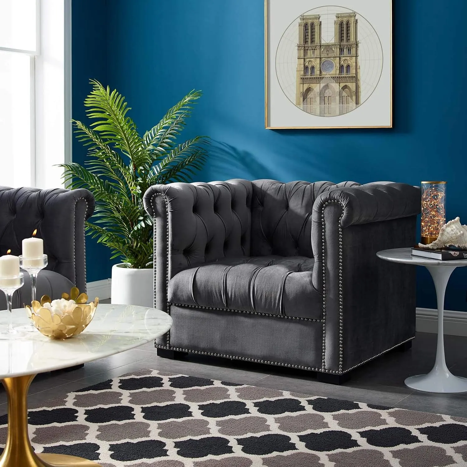 Modway Heritage Tufted Velvet Modern Chesterfield Lounge with Nailhead Trim, Armchair, Gray