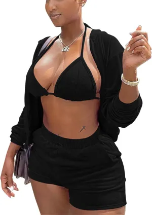 MOEENCN Women Sweatsuits Sets 3 Piece Outfits, Velvet Tracksuit Long Sleeve Hooded Zipper Jacket and Velvet Shorts Send Bra