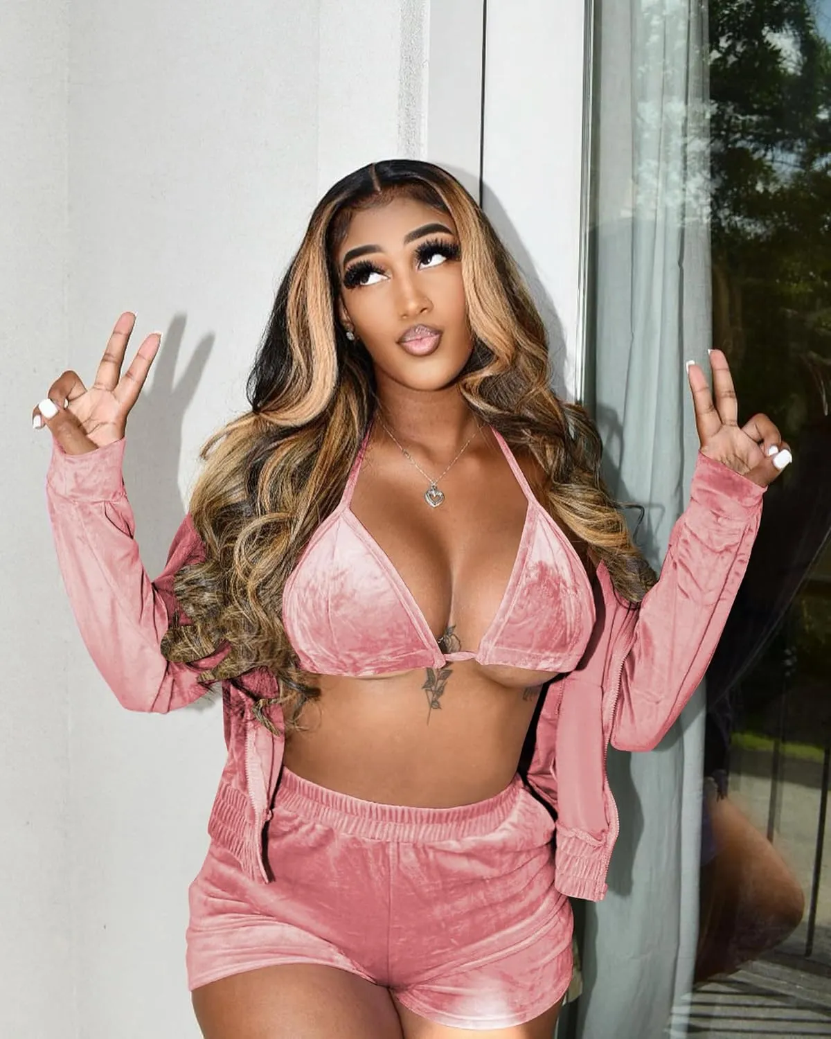 MOEENCN Women Sweatsuits Sets 3 Piece Outfits, Velvet Tracksuit Long Sleeve Hooded Zipper Jacket and Velvet Shorts Send Bra