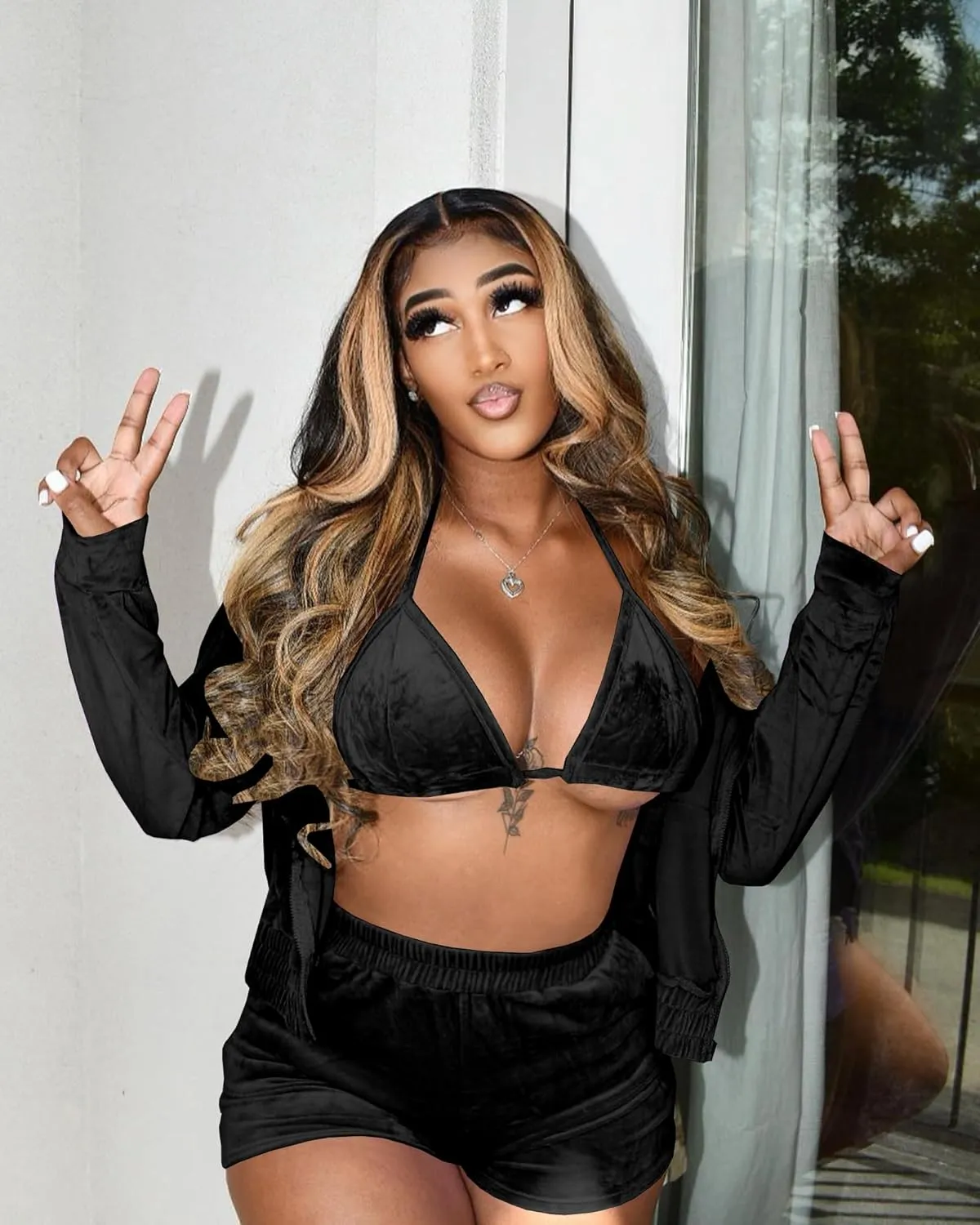 MOEENCN Women Sweatsuits Sets 3 Piece Outfits, Velvet Tracksuit Long Sleeve Hooded Zipper Jacket and Velvet Shorts Send Bra