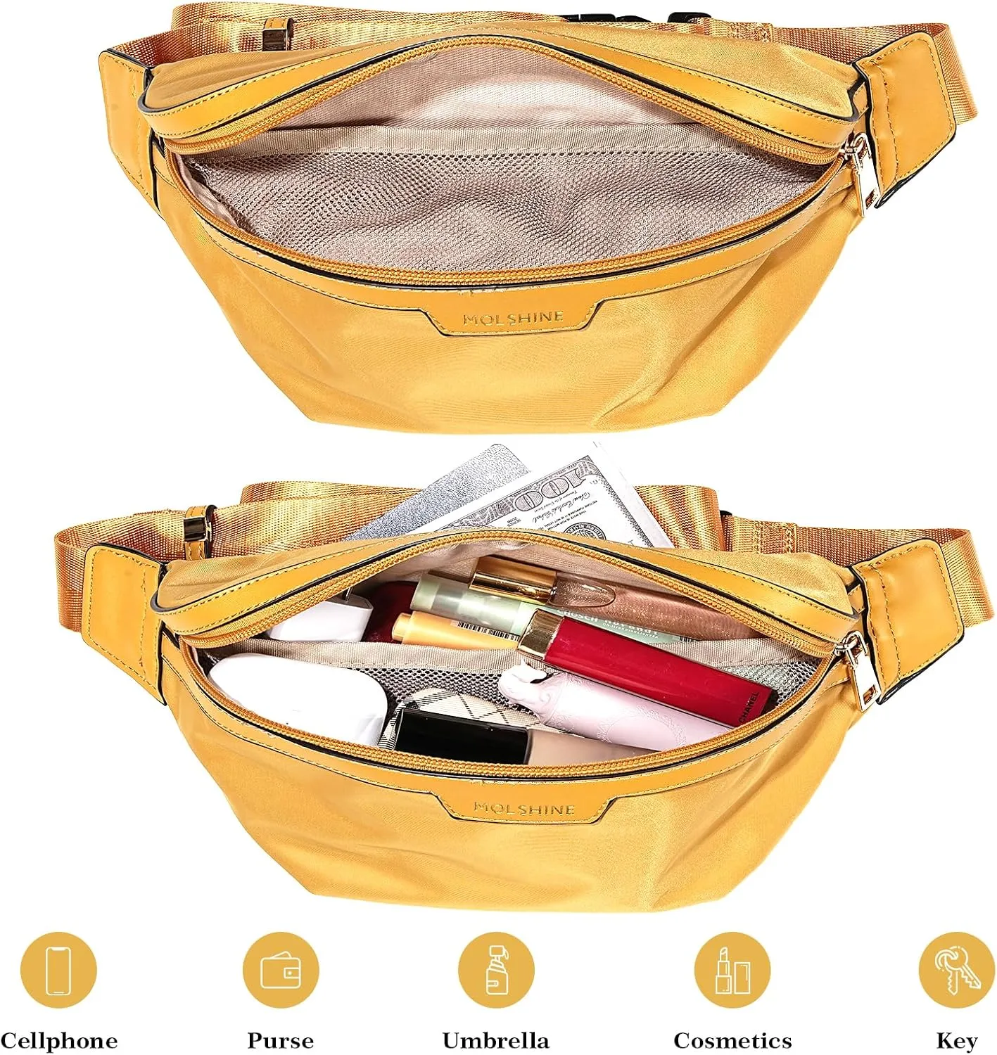 MOLSHINE Fanny Pack for Men Women, Crossbody Waist Bag, Belt Bag for Travel Walking Running Hiking Cycling, Easy Carry Any Phone,Wallet (Yellow Brown)