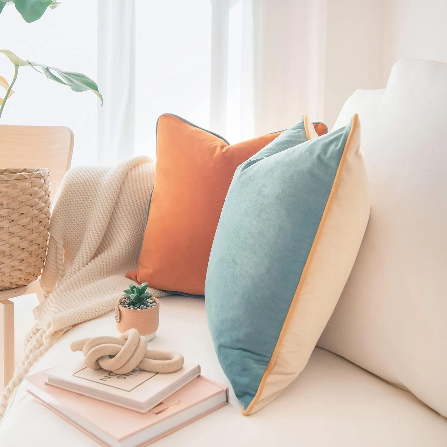 MONDAY MOOSE Decorative Throw Pillow Covers Cushion Cases, Set of 2 Soft Velvet Modern Double-Sided Designs, Mix and Match for Home Decor, Pillow Inserts Not Included (14x14 inch, Orange/Teal)