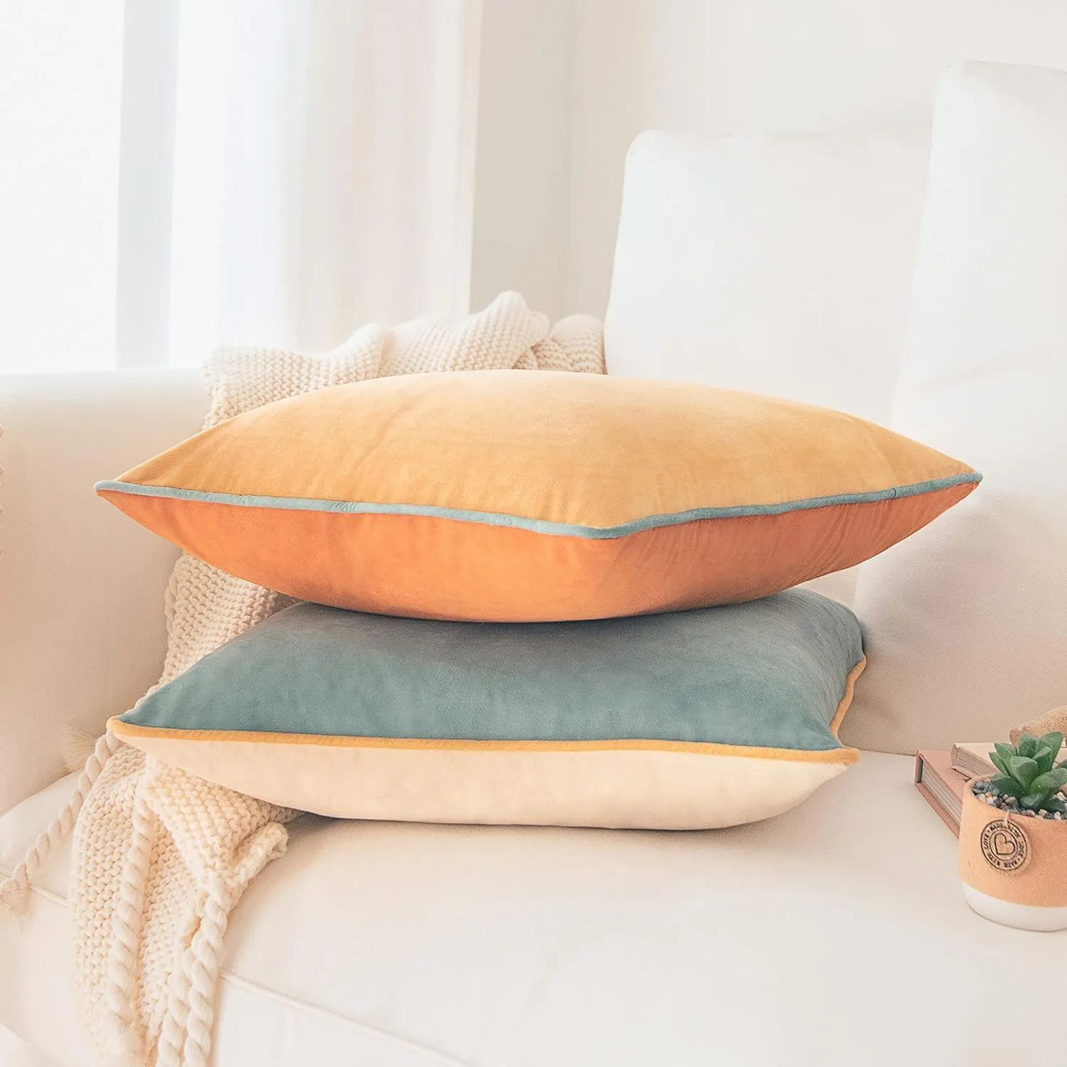 MONDAY MOOSE Decorative Throw Pillow Covers Cushion Cases, Set of 2 Soft Velvet Modern Double-Sided Designs, Mix and Match for Home Decor, Pillow Inserts Not Included (14x14 inch, Orange/Teal)
