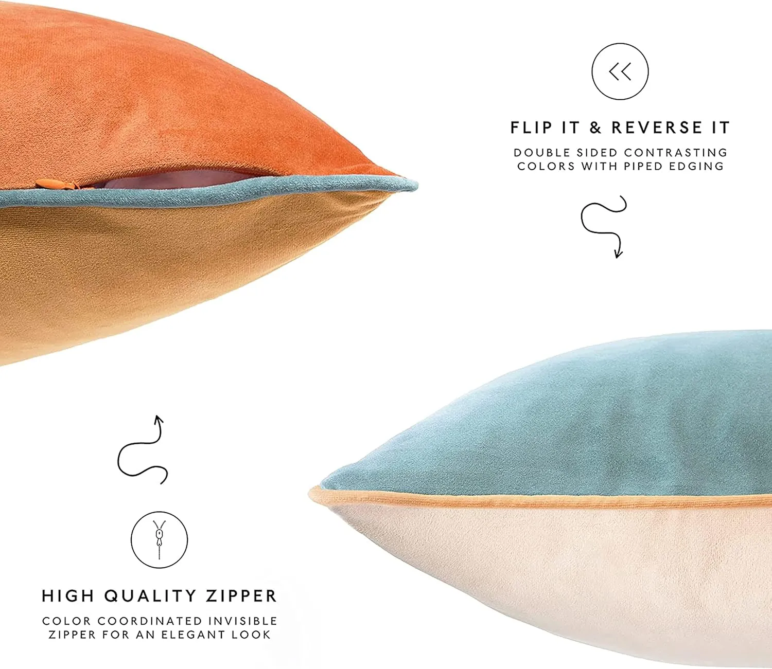 MONDAY MOOSE Decorative Throw Pillow Covers Cushion Cases, Set of 2 Soft Velvet Modern Double-Sided Designs, Mix and Match for Home Decor, Pillow Inserts Not Included (14x14 inch, Orange/Teal)