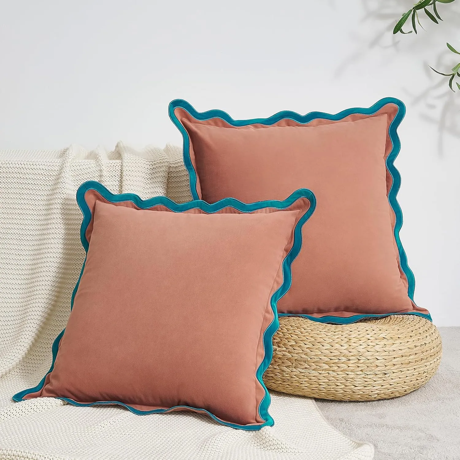 MONDAY MOOSE Decorative Throw Pillow Covers Cushion Cases, Set of 2 Soft Velvet Scalloped Wavy Edge Designs, Mix and Match for Home Decor, Pillow Inserts Not Included (Teal/Pink, 20x20 inch)