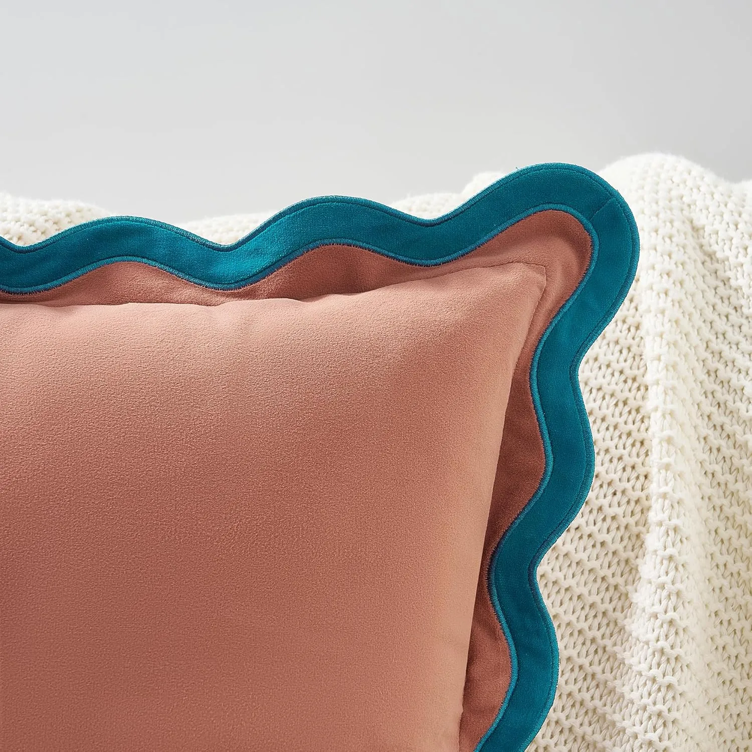 MONDAY MOOSE Decorative Throw Pillow Covers Cushion Cases, Set of 2 Soft Velvet Scalloped Wavy Edge Designs, Mix and Match for Home Decor, Pillow Inserts Not Included (Teal/Pink, 20x20 inch)