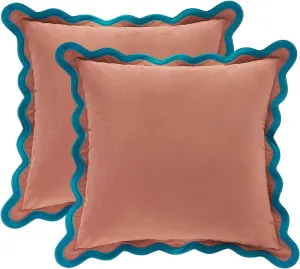 MONDAY MOOSE Decorative Throw Pillow Covers Cushion Cases, Set of 2 Soft Velvet Scalloped Wavy Edge Designs, Mix and Match for Home Decor, Pillow Inserts Not Included (Teal/Pink, 20x20 inch)