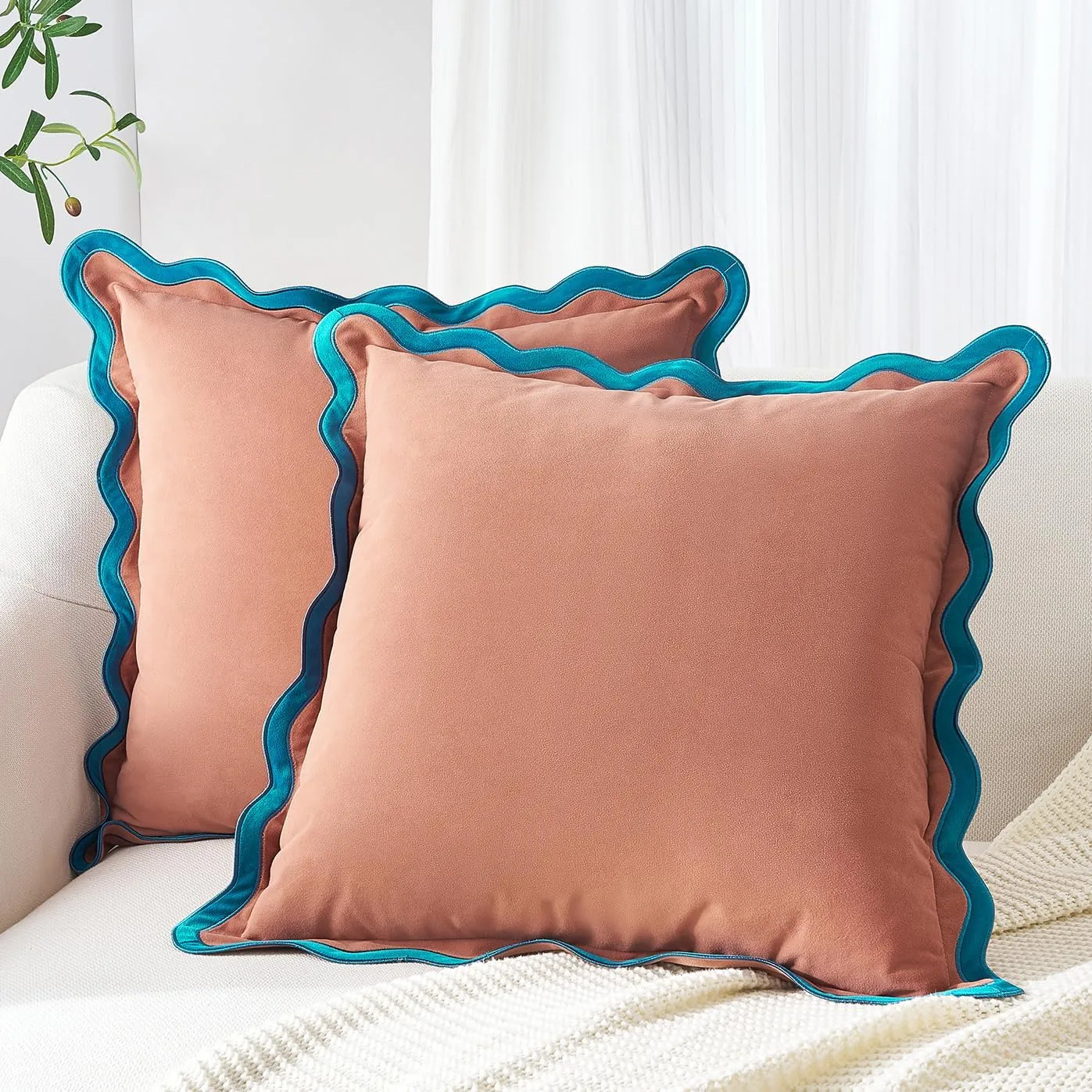 MONDAY MOOSE Decorative Throw Pillow Covers Cushion Cases, Set of 2 Soft Velvet Scalloped Wavy Edge Designs, Mix and Match for Home Decor, Pillow Inserts Not Included (Teal/Pink, 20x20 inch)