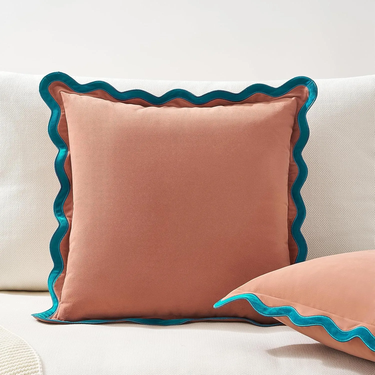 MONDAY MOOSE Decorative Throw Pillow Covers Cushion Cases, Set of 2 Soft Velvet Scalloped Wavy Edge Designs, Mix and Match for Home Decor, Pillow Inserts Not Included (Teal/Pink, 20x20 inch)