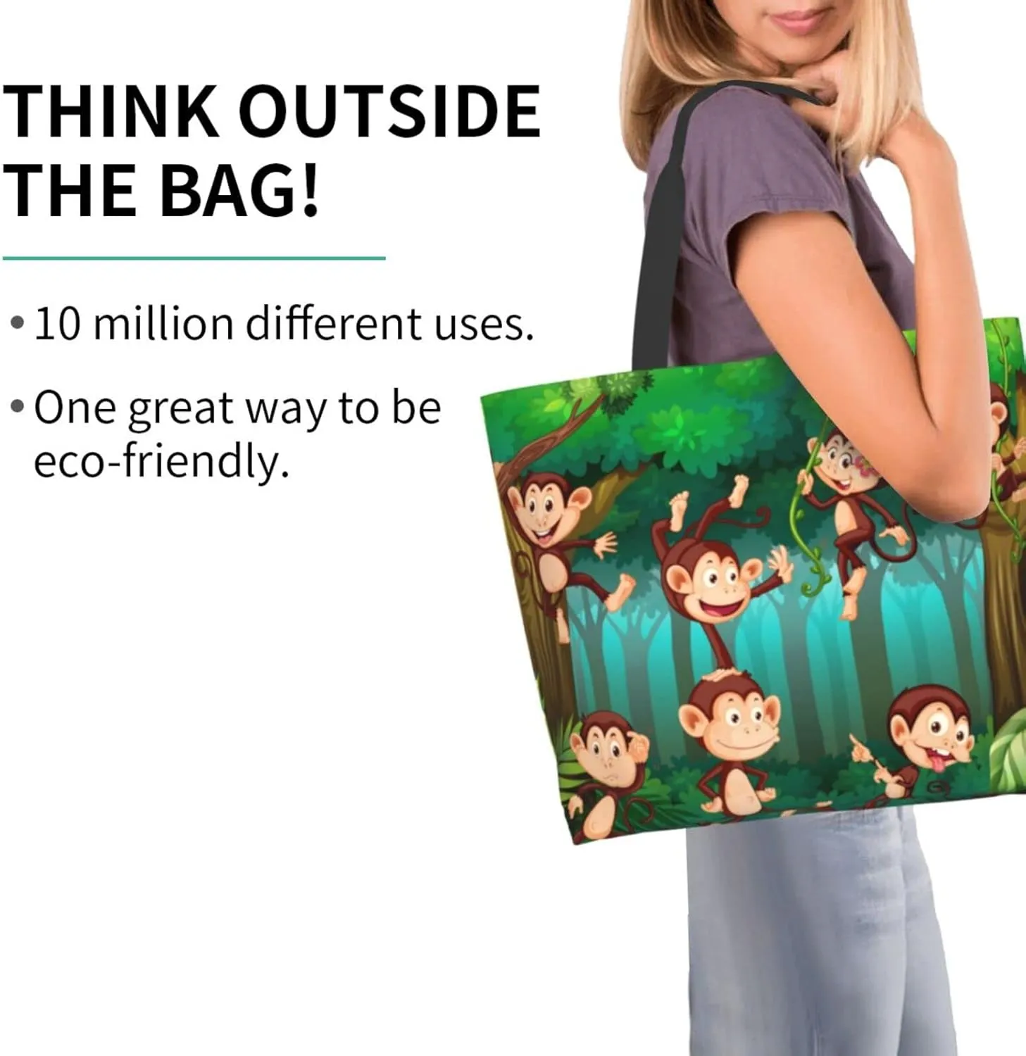 Monkey Tote Shoulder Bag Cute Grocery Bags Storage Handle Shopping Bag Portable Animal Bag