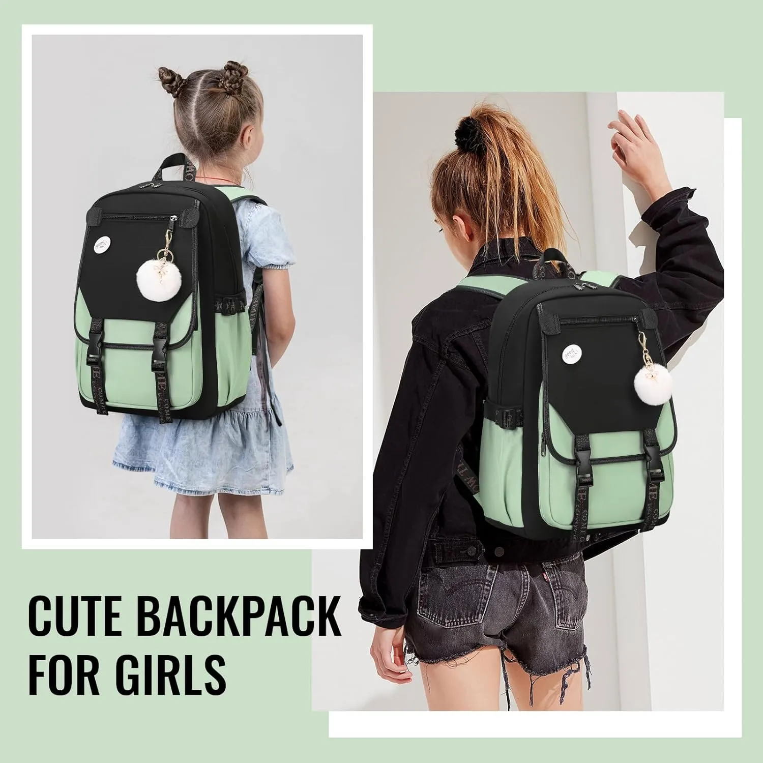 MOONBABY Girls Backpack School Bookbag for Teens Large Capacity Aesthetics Bags for Middle High School, Green