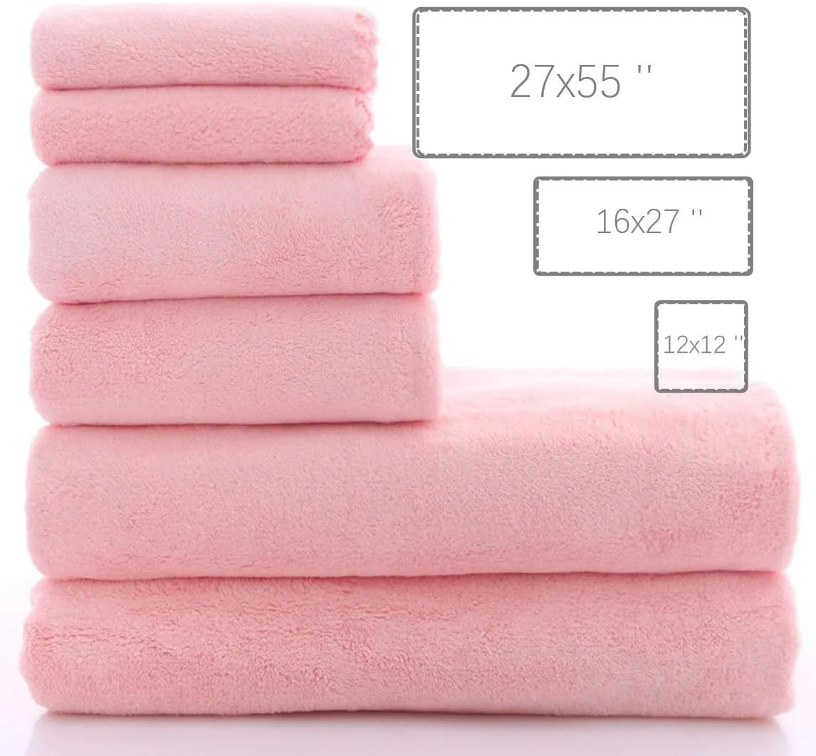 MOONQUEEN Ultra Soft Towel Set - Quick Drying - 2 Bath Towels 2 Hand Towels 2 Washcloths - Microfiber Coral Velvet Highly Absorbent Towel for Fitness, Bathroom, Sports, Yoga, Travel (Pink, 6 Pcs)