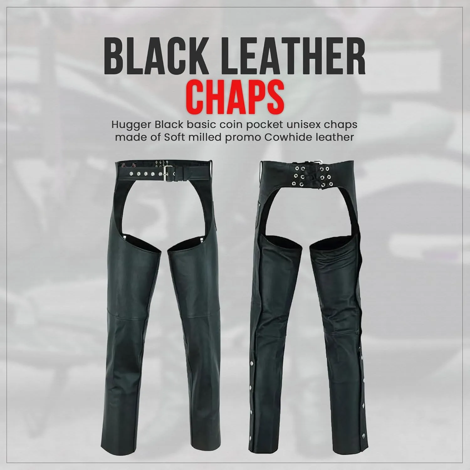 Motorcycle Leather Chaps for Men & Women - Biker Riding Cowboy Chaps with Multi Pockets & Customizable fit