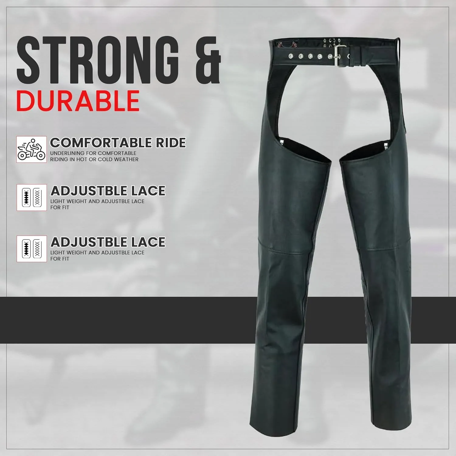 Motorcycle Leather Chaps for Men & Women - Biker Riding Cowboy Chaps with Multi Pockets & Customizable fit