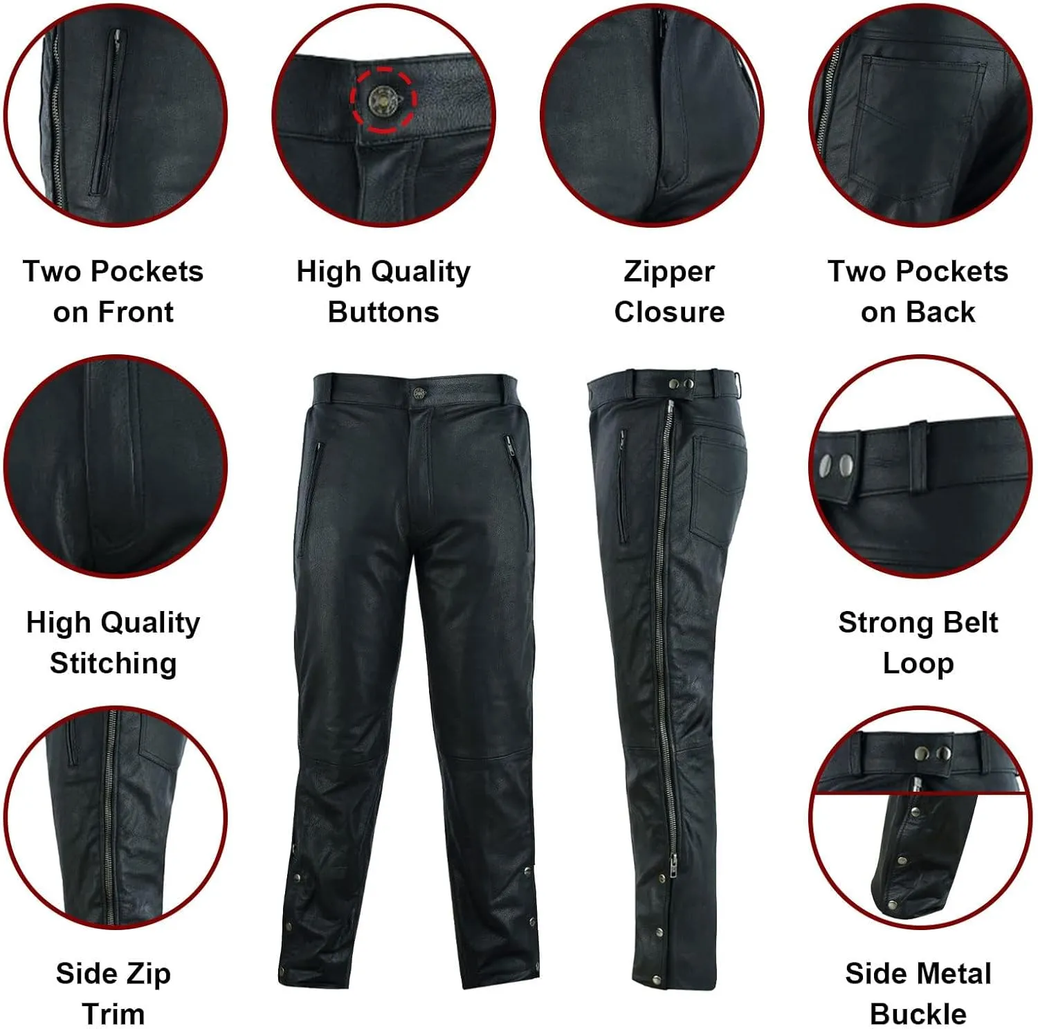 Motorcycle Leather Chaps/Pants for Men Biker Riding Cowboy Chaps Black Multi-Pocket Split Soft Leather Pants with Zipper