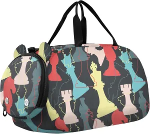 Multicolored Chess Pieces Sports Duffle Bag for Girls Boys Kids, Gym Bag with Shoe Compartment, Kids Travel Overnight Weekender Shoulder Bag
