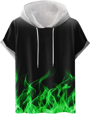 Muscularfit Graphic Tees Men 2024 Fashion Flame Print Drawstring Hooded Shirts Casual Short Sleeve Loose Pullover Workout Top