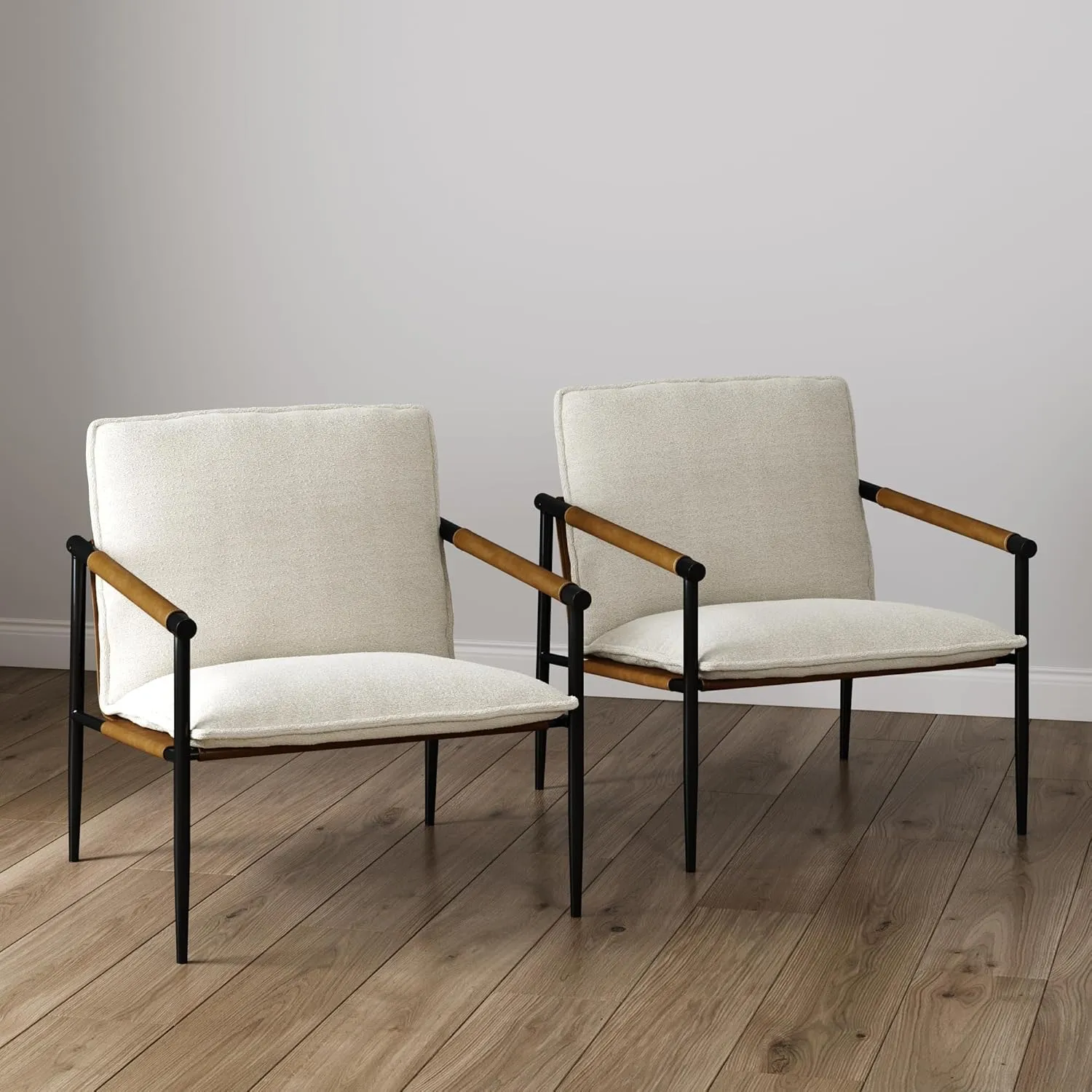 Nathan James Omel Lounge Reading Chair, Modern Living Room Accent Chair with Metal Frame and Boucle Upholstery, Cream Boucle/Black, Set of 2