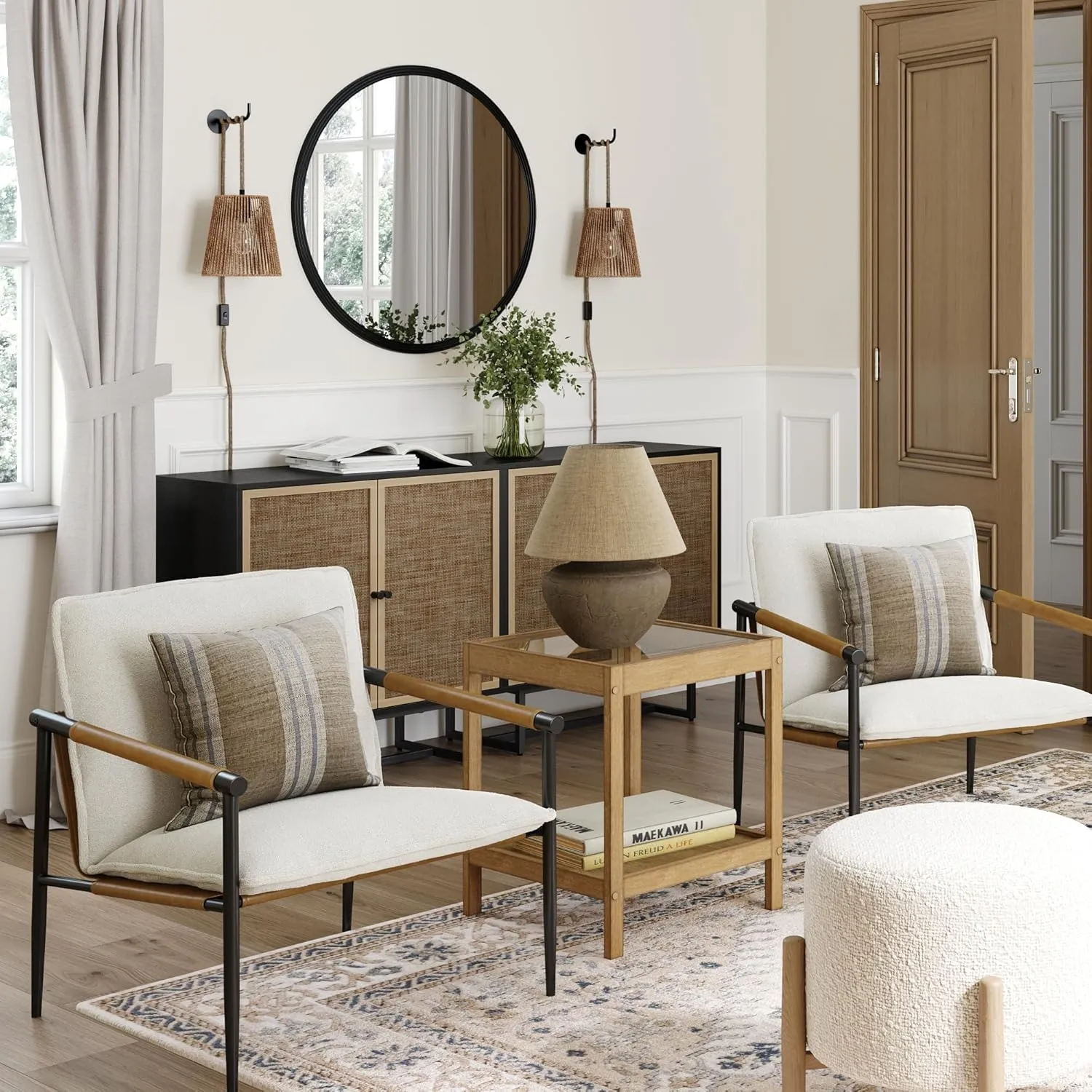 Nathan James Omel Lounge Reading Chair, Modern Living Room Accent Chair with Metal Frame and Boucle Upholstery, Cream Boucle/Black, Set of 2
