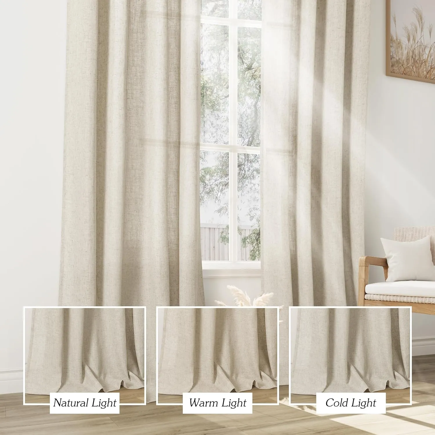 Natural Linen Curtains 48 Inch Length 2 Panels for Living Room Bedroom, Light Filtering Sheer Curtains 48 Inches, Neutral Modern Grommet Semi Sheer Soft Privacy Drapes Beige
