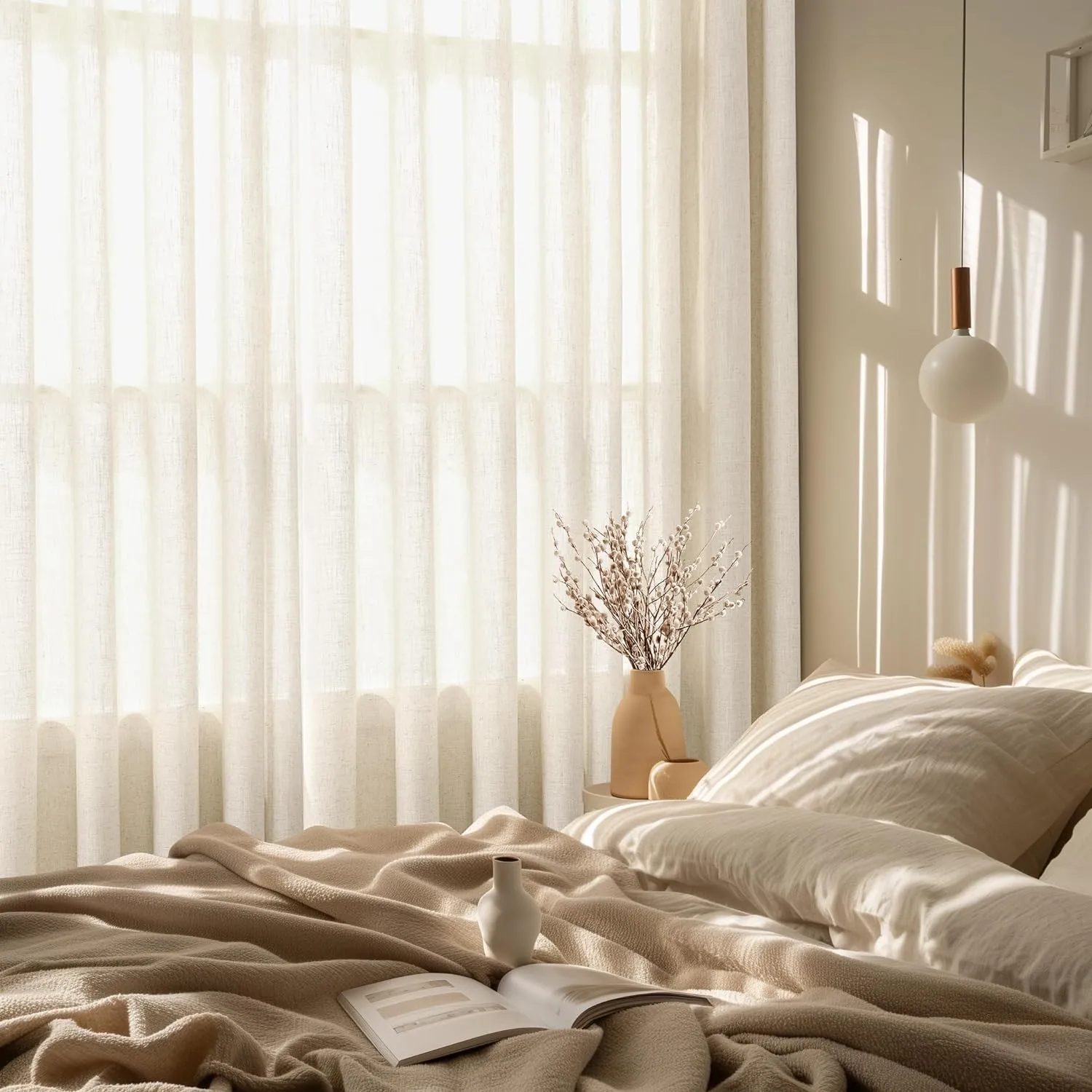 Natural Linen Curtains 48 Inch Length 2 Panels for Living Room Bedroom, Light Filtering Sheer Curtains 48 Inches, Neutral Modern Grommet Semi Sheer Soft Privacy Drapes Beige