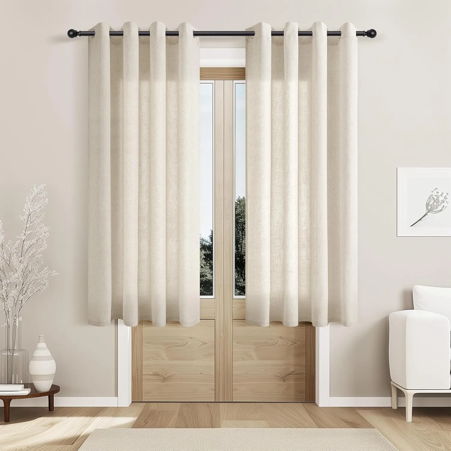 Natural Linen Curtains 48 Inch Length 2 Panels for Living Room Bedroom, Light Filtering Sheer Curtains 48 Inches, Neutral Modern Grommet Semi Sheer Soft Privacy Drapes Beige