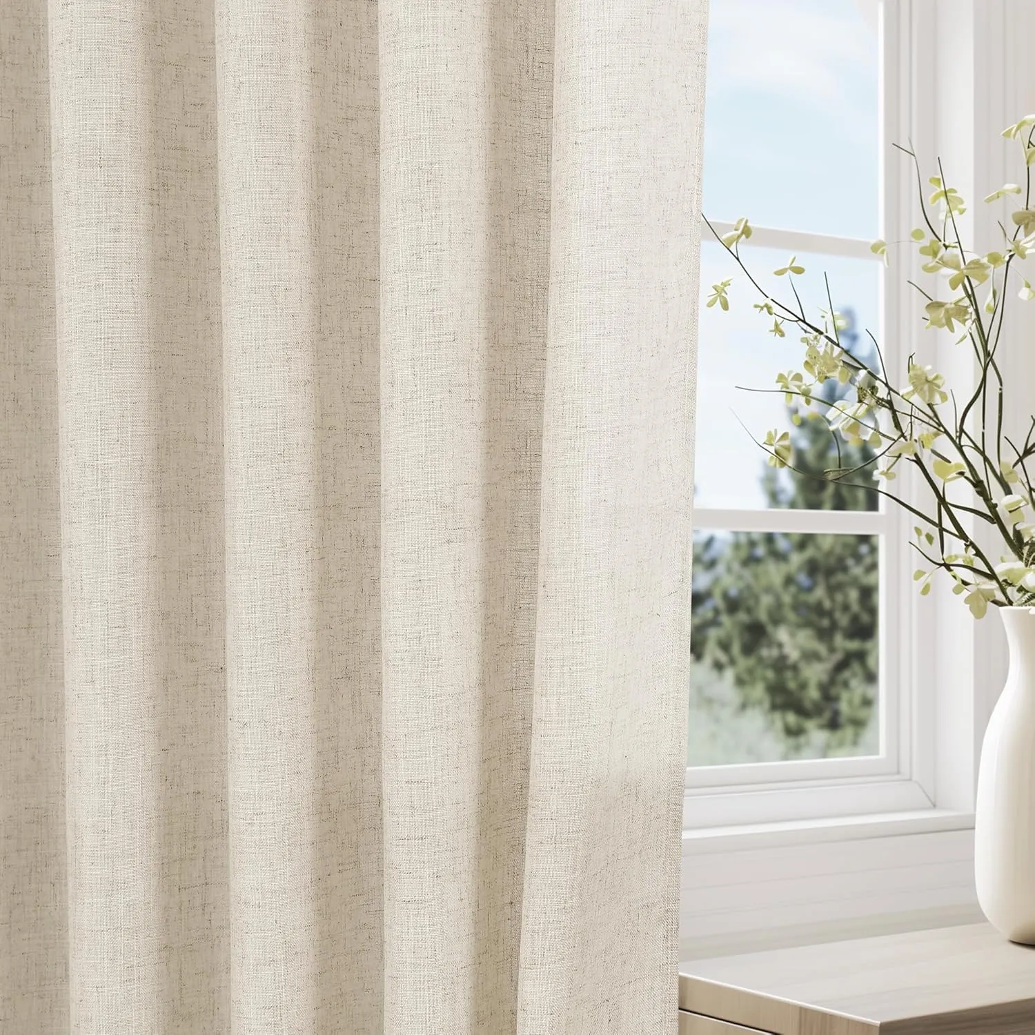 Natural Linen Curtains 48 Inch Length 2 Panels for Living Room Bedroom, Light Filtering Sheer Curtains 48 Inches, Neutral Modern Grommet Semi Sheer Soft Privacy Drapes Beige
