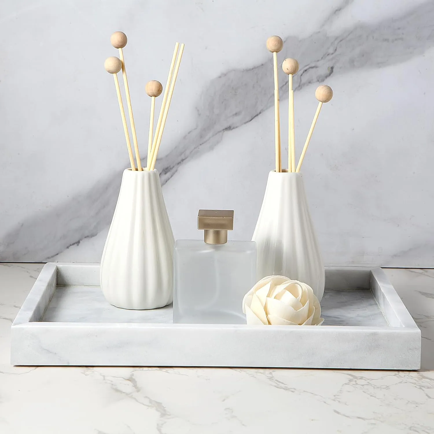 Natural Marble Tray for Bathroom, 12"" x 8"" Natural Marble Serving Tray for Kitchen & Home Decor – Natural Marble Vanity Organizer, White