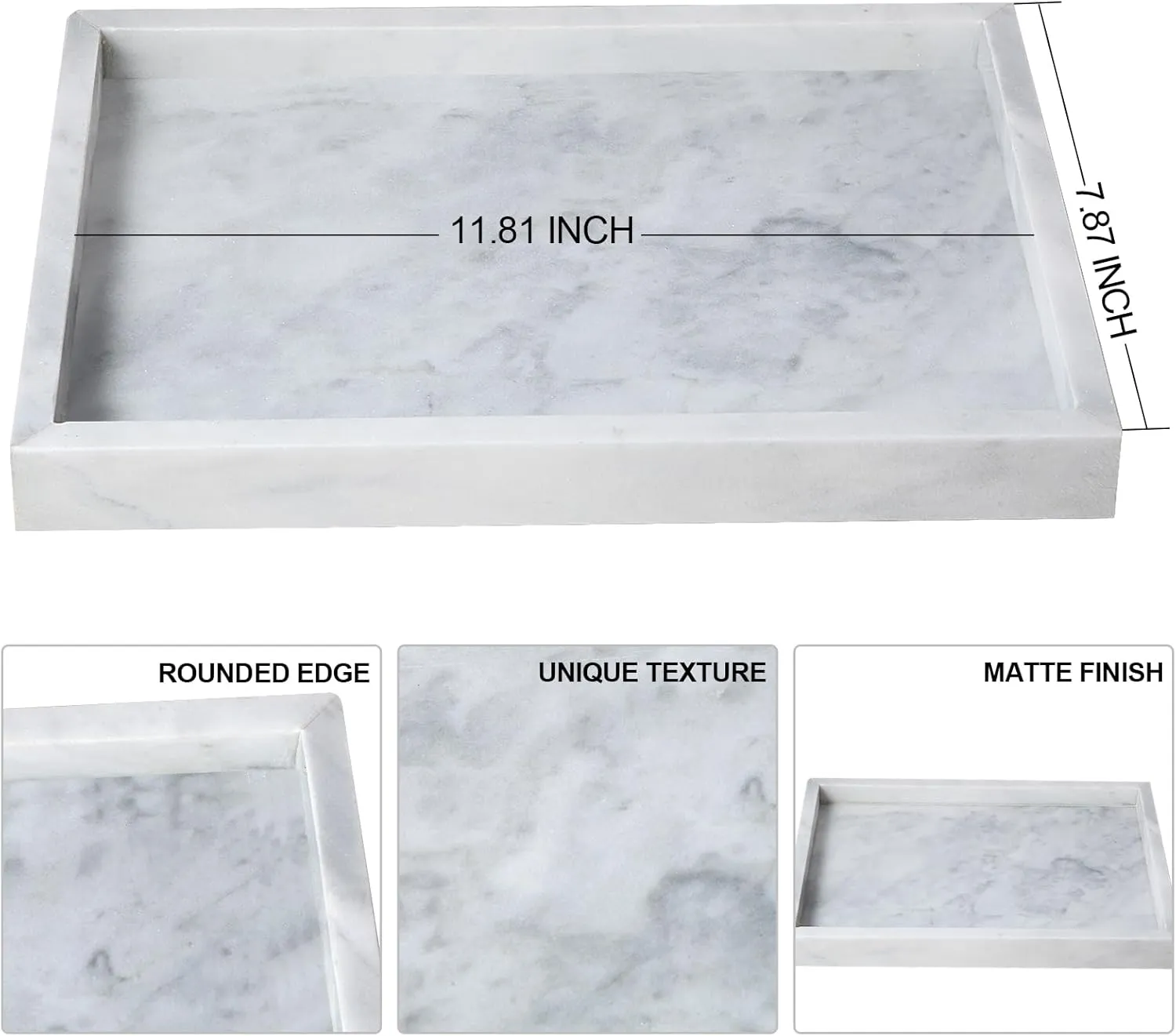 Natural Marble Tray for Bathroom, 12"" x 8"" Natural Marble Serving Tray for Kitchen & Home Decor – Natural Marble Vanity Organizer, White