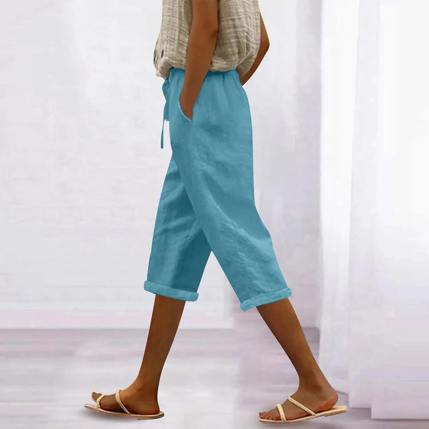 NBXNZWF Women's Linen Capri Pants Casual Elastic Drawstring Waist Lounge Pants Relaxed Fit Cropped Trousers with Pockets