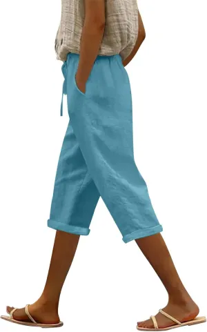 NBXNZWF Women's Linen Capri Pants Casual Elastic Drawstring Waist Lounge Pants Relaxed Fit Cropped Trousers with Pockets