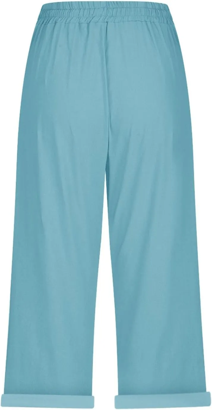 NBXNZWF Women's Linen Capri Pants Casual Elastic Drawstring Waist Lounge Pants Relaxed Fit Cropped Trousers with Pockets