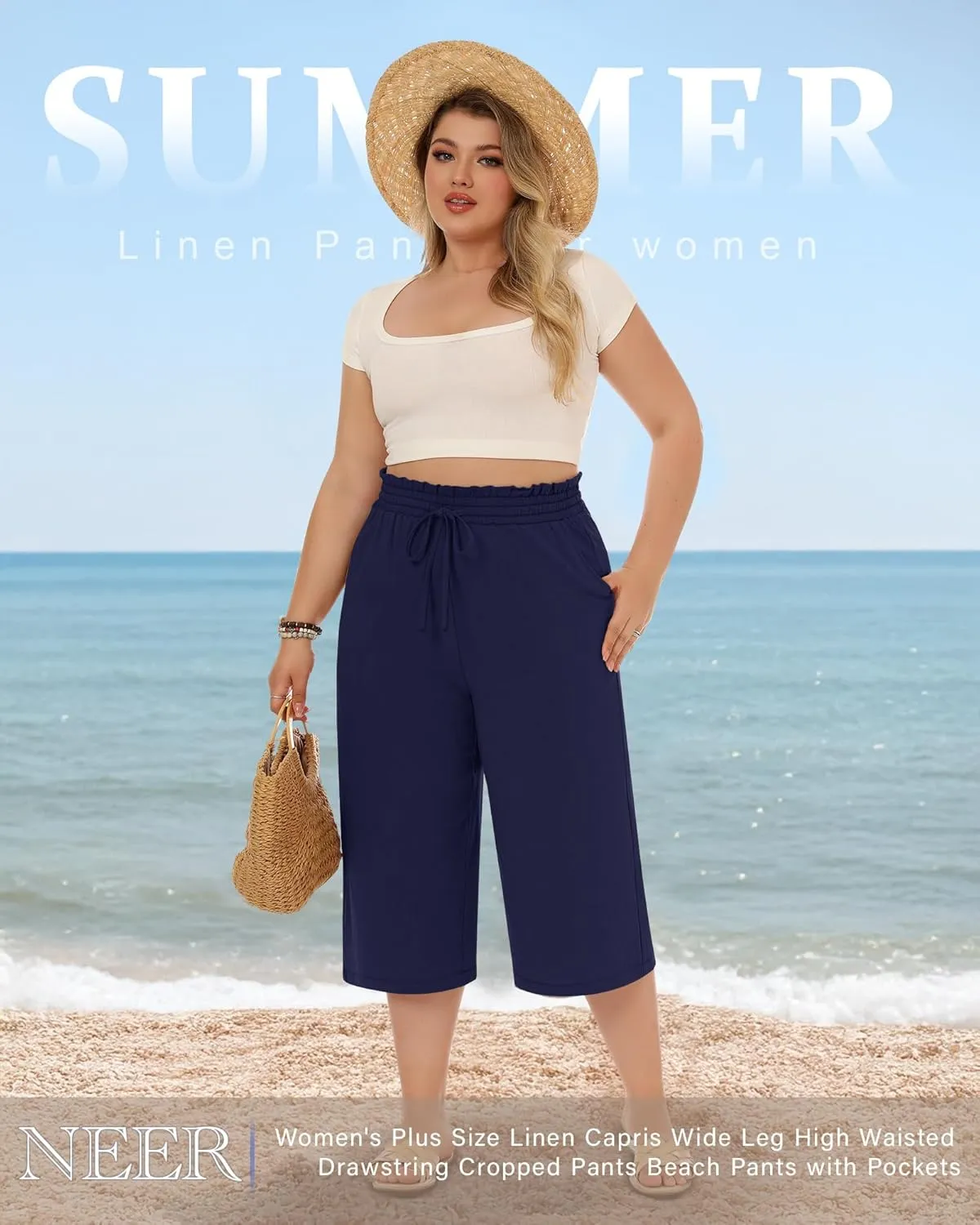 Neer 2 Pack Women's Plus Size Linen Capris Wide Leg High Waisted Drawstring Cropped Pants Beach Pants with Pockets