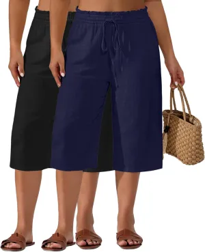 Neer 2 Pack Women's Plus Size Linen Capris Wide Leg High Waisted Drawstring Cropped Pants Beach Pants with Pockets