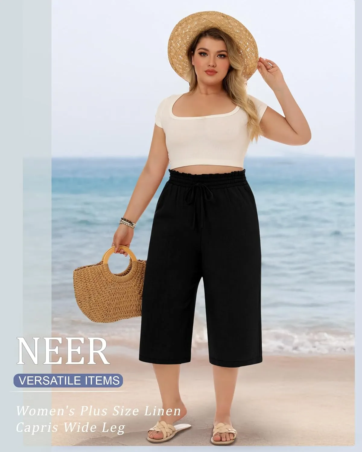 Neer 2 Pack Women's Plus Size Linen Capris Wide Leg High Waisted Drawstring Cropped Pants Beach Pants with Pockets