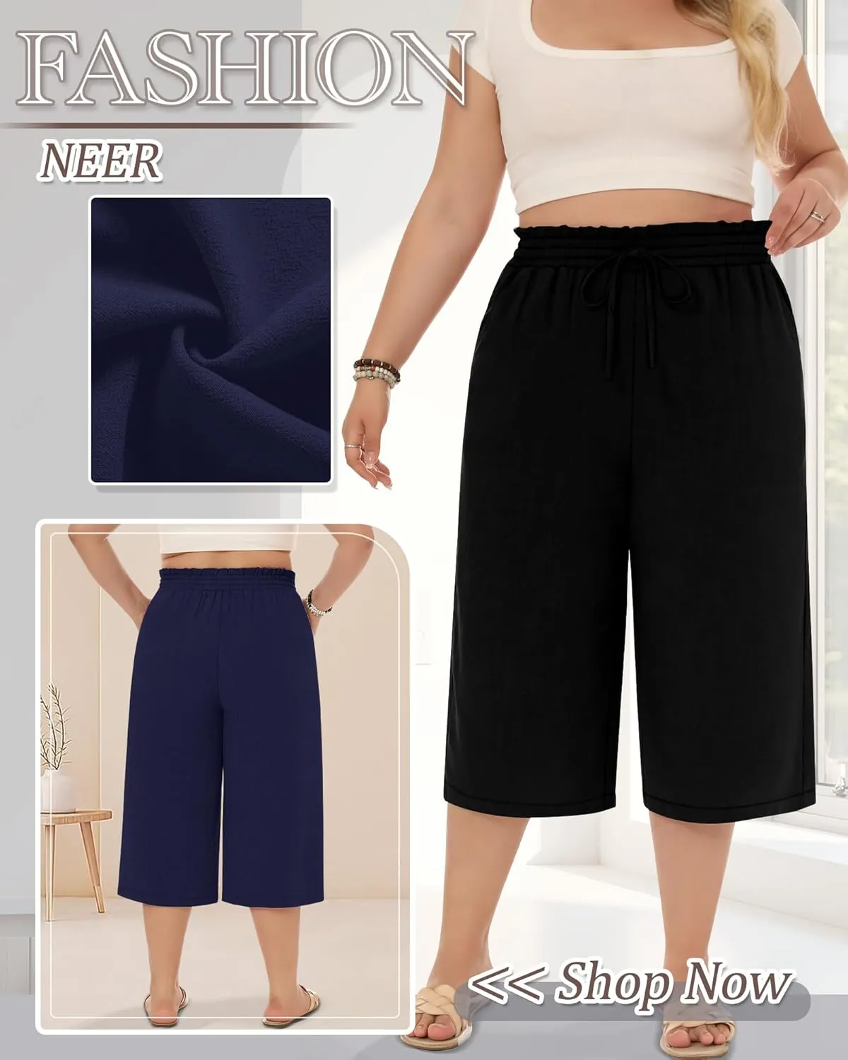 Neer 2 Pack Women's Plus Size Linen Capris Wide Leg High Waisted Drawstring Cropped Pants Beach Pants with Pockets