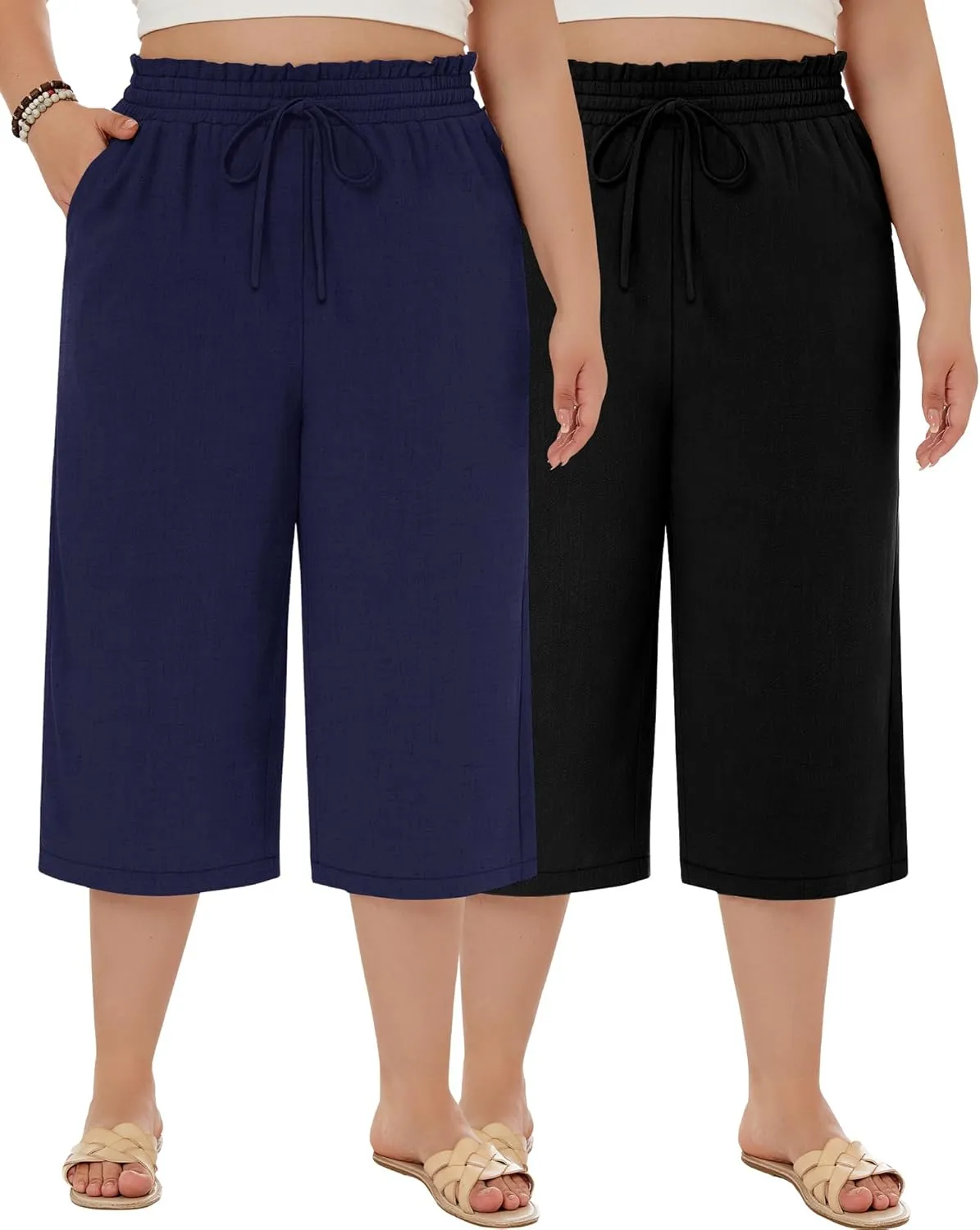Neer 2 Pack Women's Plus Size Linen Capris Wide Leg High Waisted Drawstring Cropped Pants Beach Pants with Pockets