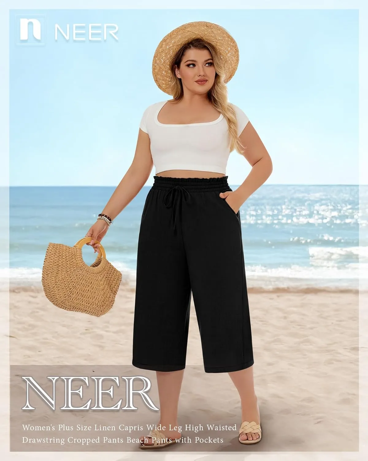 Neer 2 Pack Women's Plus Size Linen Capris Wide Leg High Waisted Drawstring Cropped Pants Beach Pants with Pockets