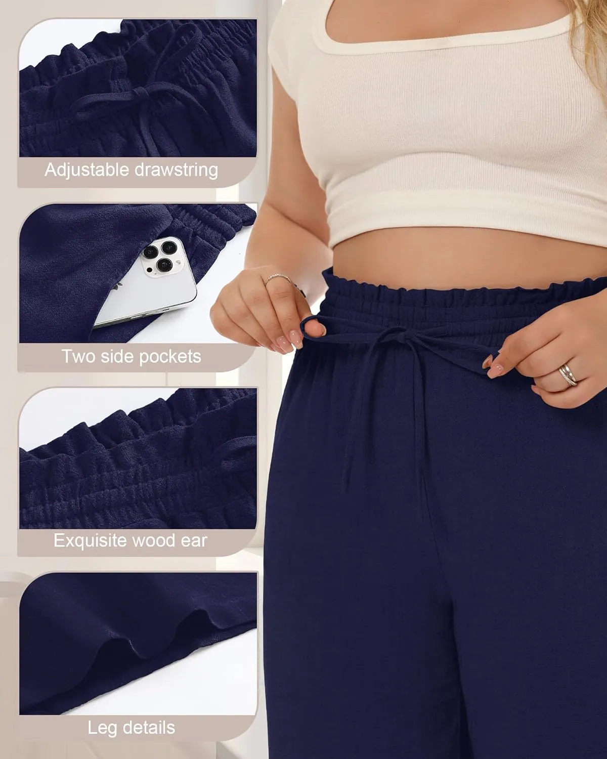 Neer 2 Pack Women's Plus Size Linen Capris Wide Leg High Waisted Drawstring Cropped Pants Beach Pants with Pockets