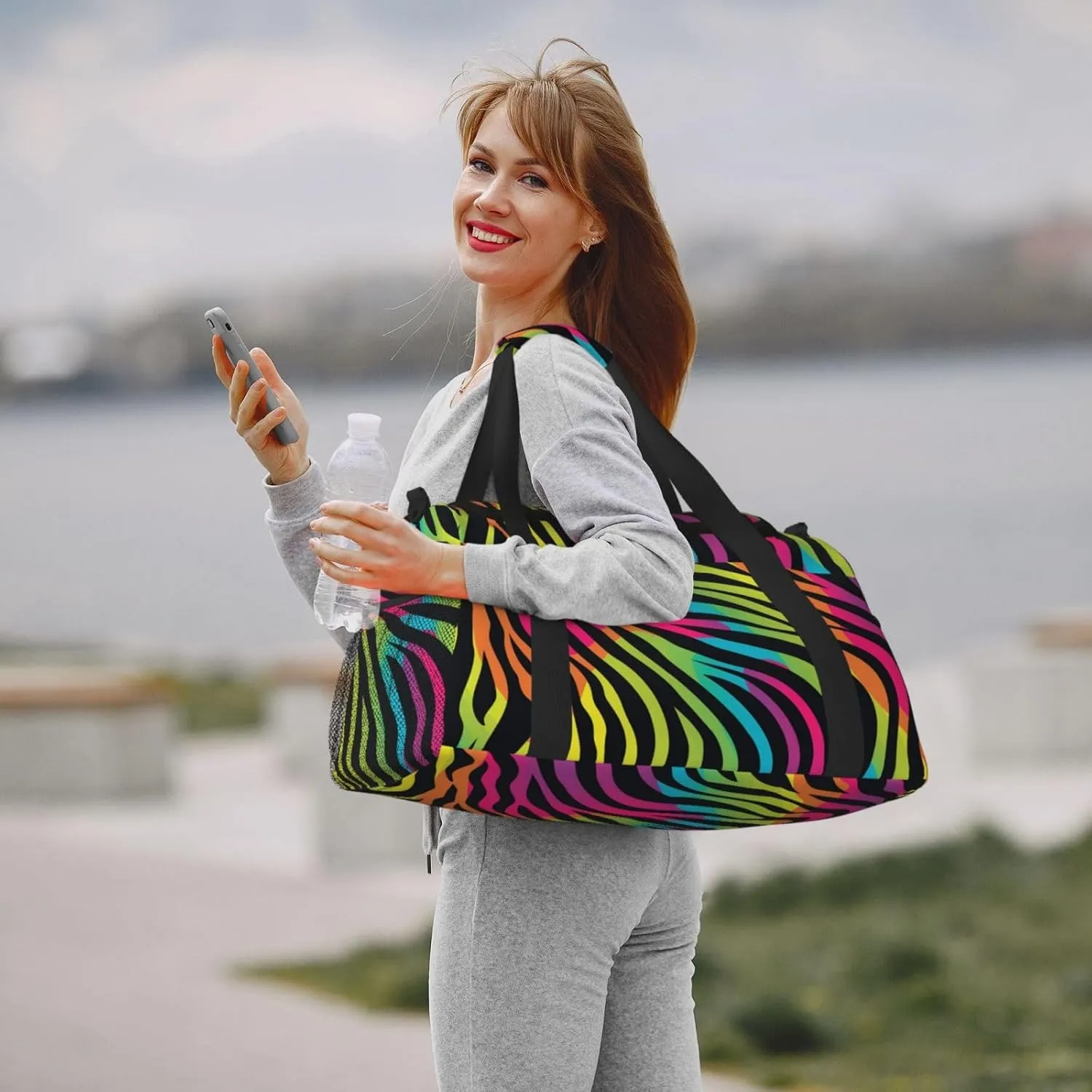 Neon Zebra Print Duffle Bag Foldable Travel Tote Bag Carry On Large Weekender Overnight Bags Waterproof Gym Bag For Women Men