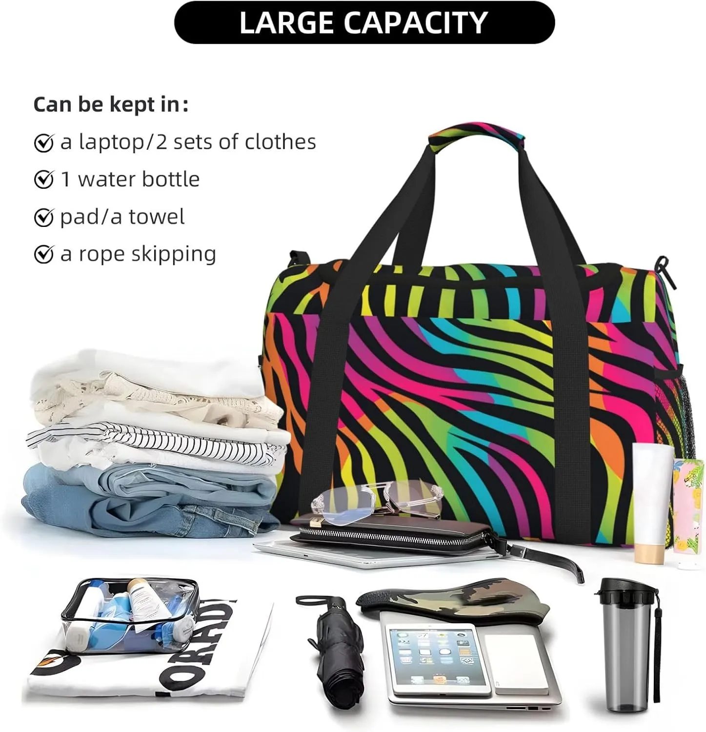 Neon Zebra Print Duffle Bag Foldable Travel Tote Bag Carry On Large Weekender Overnight Bags Waterproof Gym Bag For Women Men