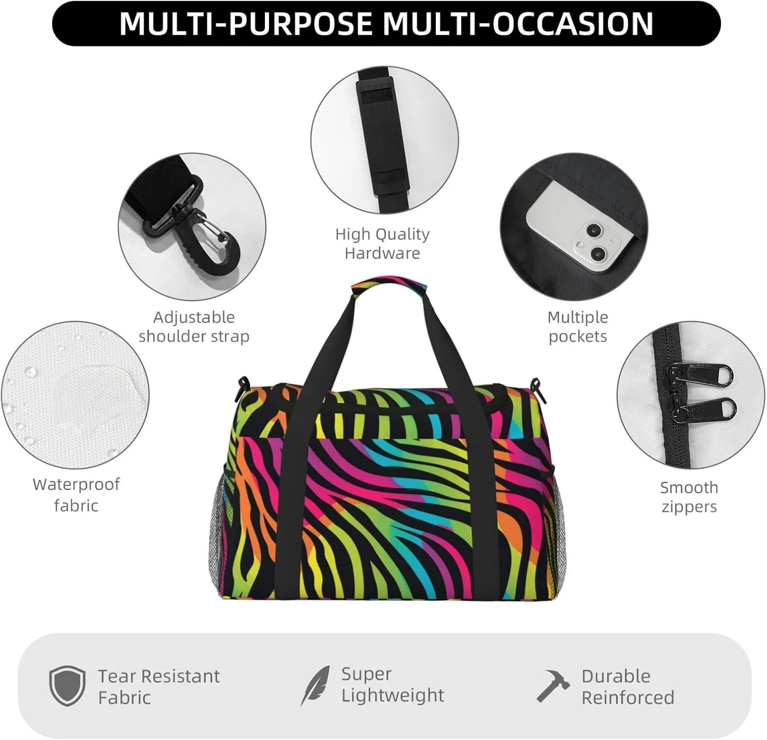 Neon Zebra Print Duffle Bag Foldable Travel Tote Bag Carry On Large Weekender Overnight Bags Waterproof Gym Bag For Women Men